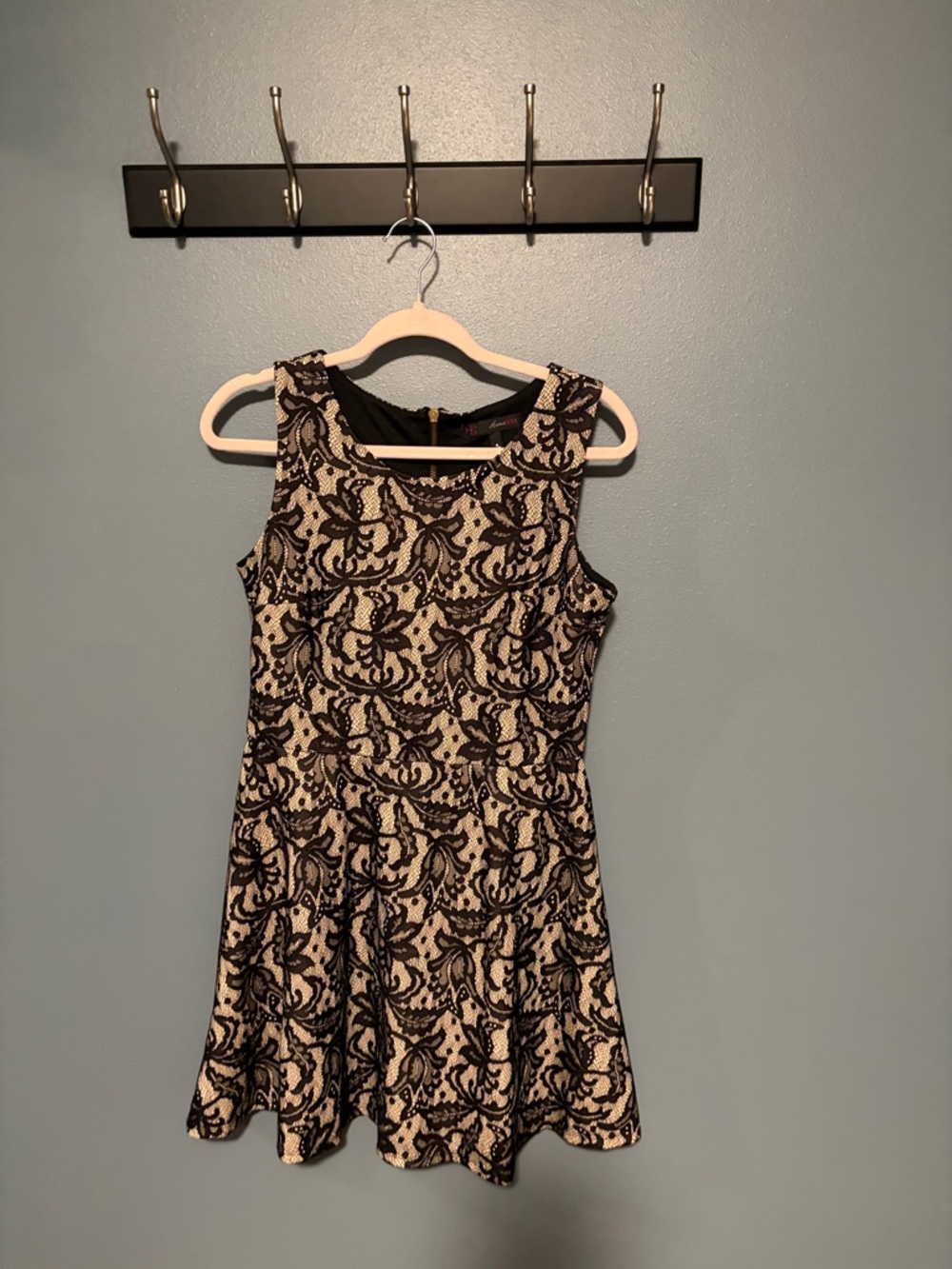 HeartSoul Black & Cream Lace-Pattern Fit & Flare Mini Dress
